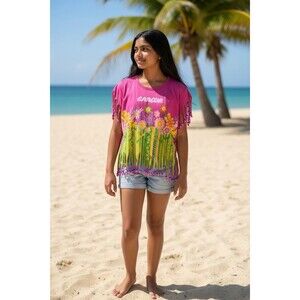 Pink La Iguana Beach-Wear Factory‎ Beaded Fringe Cancun Shirt Child Size Large